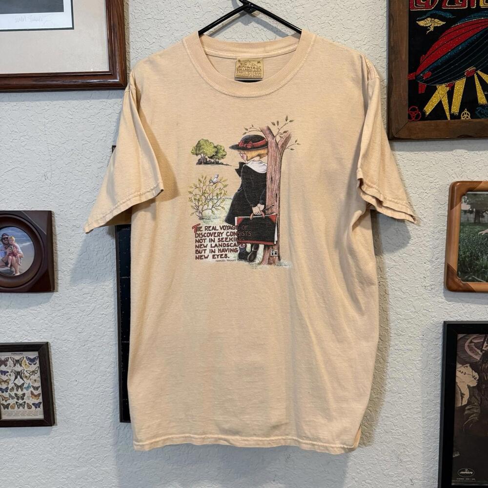 Vintage 90s RARE Marcel Proust Voyage Of Discovery Yellow Art Shirt‎ Size Medium